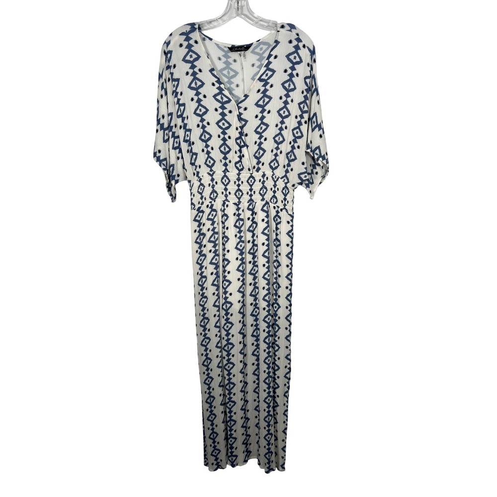 Charlie B White Geometric Print V-Neck Smocked Waist Maxi Dress Boho Large